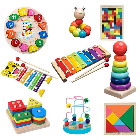 QWZ Baby Montessori Toys Colorful Wooden Blocks Baby Music Rattles Graphic Cognition Early Educational Toys For Baby Gifts